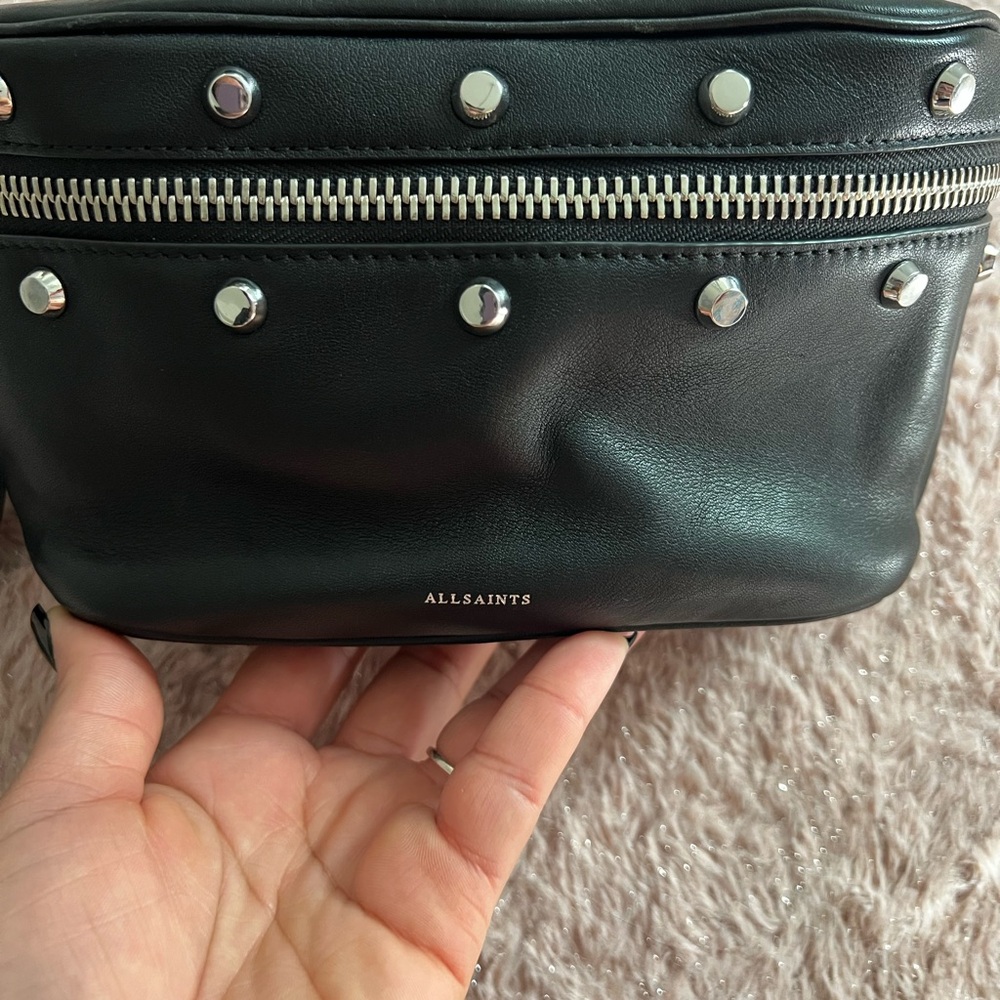 All Saints Black Crossbody Bag with Silver Accents